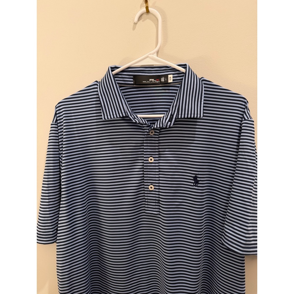RLX Ralph Lauren Mens Blue Striped Short Sleeve Golf Polo Shirt Size Large